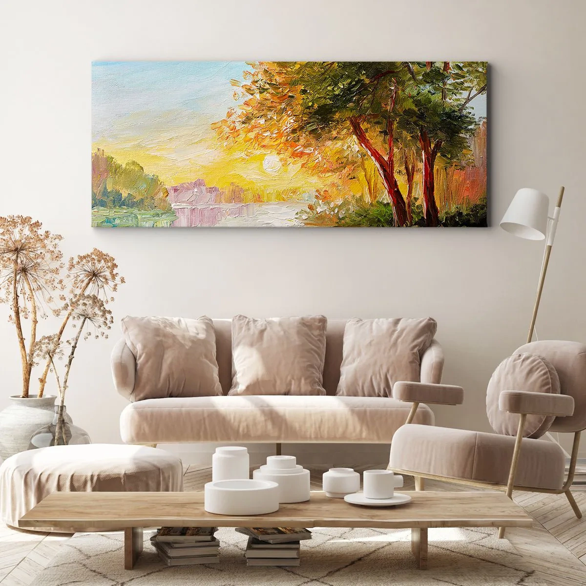 Cuadro sobre lienzo - Impresión de Imagen - Un paisaje pintoresco con un río y árboles al atardecer. - 140x50cm - Ensueño - Decoración de pared moderna para salón y dormitorio ARTTOR