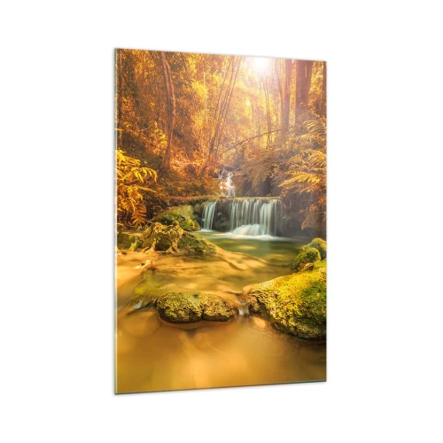 Cuadro sobre vidrio - Impresiones sobre Vidrio - Una cascada dorada en un bosque otoñal rodeado de vegetación. - 70x100cm - Cascada forestal en oro - Decoración de pared moderna para salón y dormitorio ARTTOR