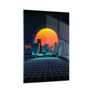 Cuadro sobre vidrio - Impresiones sobre Vidrio - Panorama de ciudad futurista con puesta de sol - 50x70cm - ¿Todavía deseas volver a la realidad? - Decoración de pared moderna para salón y dormitorio ARTTOR