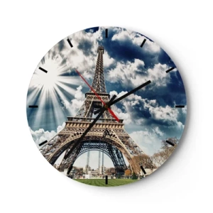 Reloj de pared - Reloj de vidrio - La Torre Eiffel contra el cielo con rayos de sol. - 30x30cm - Única bajo el sol - Decoración de pared moderna para salón, cocina y dormitorio ARTTOR