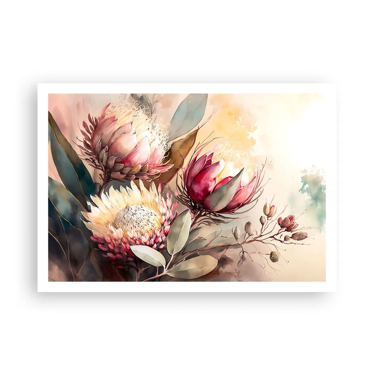Póster - Flores de protea en delicados tonos pastel. - 100x70cm - De perfil y de frente - Decoración de pared moderna para salón y dormitorio ARTTOR