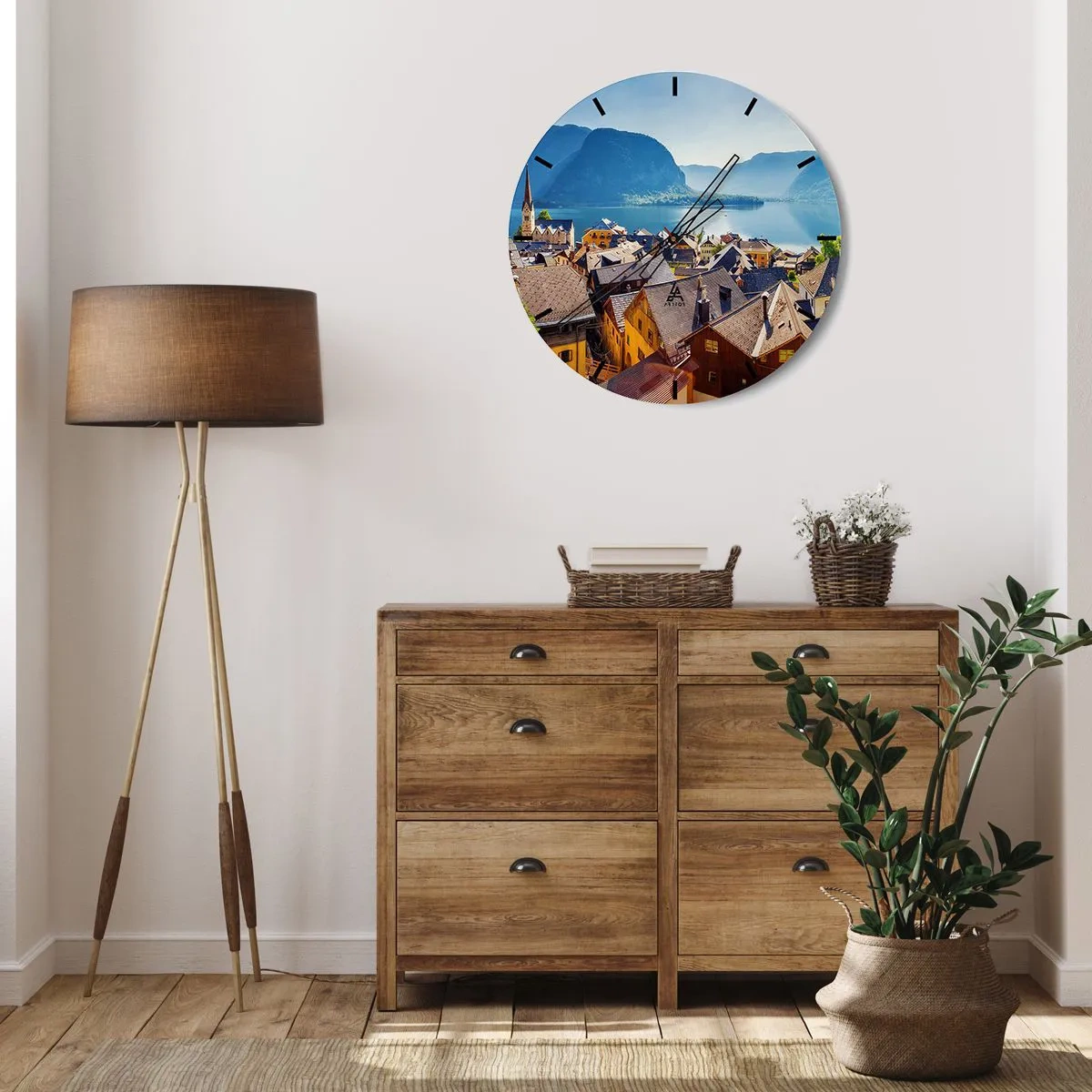 Reloj de pared - Reloj de vidrio - Un pintoresco pueblo junto a un lago en las montañas. - 30x30cm - No podría ser más pintoresco - Decoración de pared moderna para salón, cocina y dormitorio ARTTOR