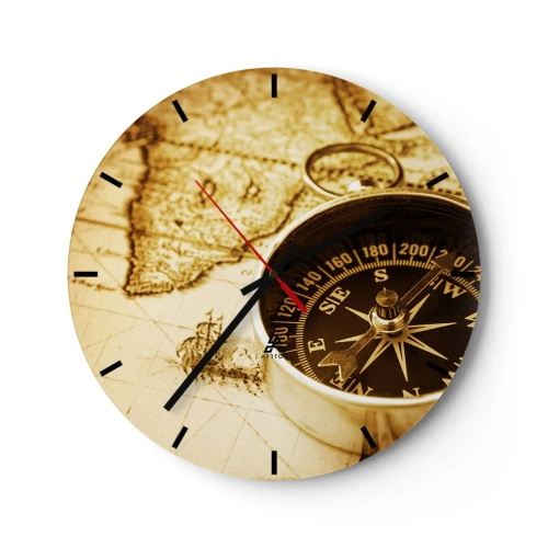 Reloj de pared - Reloj de vidrio - Una brújula sobre el fondo de un mapa antiguo en tonos cálidos. - 30x30cm - ¿Este u Oeste? - Decoración de pared moderna para salón, cocina y dormitorio ARTTOR