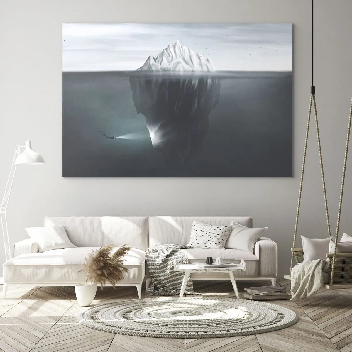 Cuadro sobre vidrio - Impresiones sobre Vidrio - Un iceberg con un buceador explorando la parte submarina. - 120x80cm - Misterio submarino - Decoración de pared moderna para salón y dormitorio ARTTOR