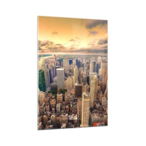 Cuadro sobre vidrio - Impresiones sobre Vidrio - Panorama de la ciudad con vistas a los rascacielos al atardecer - 70x100cm - Metrópolis dorada - Decoración de pared moderna para salón y dormitorio ARTTOR