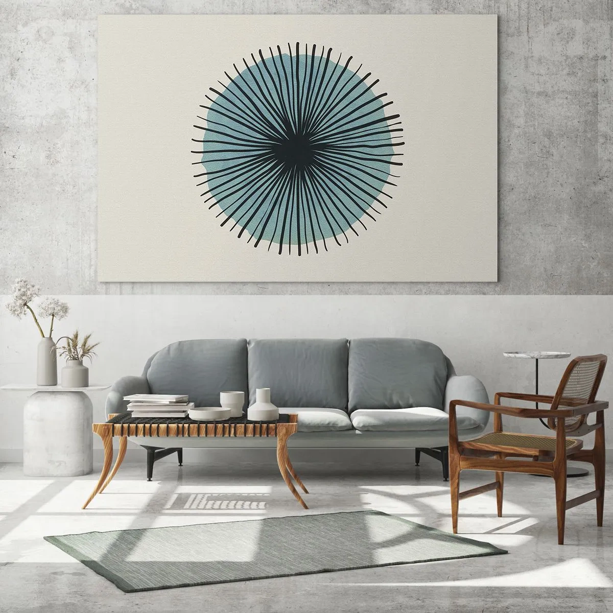 Cuadro sobre vidrio - Impresiones sobre Vidrio - Patrón geométrico en tonos turquesa y negro. - 70x50cm - Radiante en azul - Decoración de pared moderna para salón y dormitorio ARTTOR