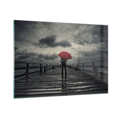 Cuadro sobre vidrio - Impresiones sobre Vidrio - Un hombre con un paraguas rojo en un muelle de madera bajo la lluvia. - 100x70cm - No importa que llueva - Decoración de pared moderna para salón y dormitorio ARTTOR