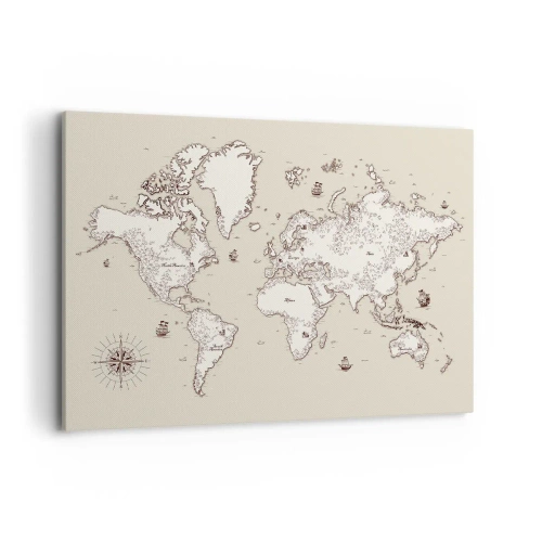 Cuadro sobre lienzo - Impresión de Imagen - Un mapa estilizado del mundo en tonos beige y marrón. - 100x70cm - Un viaje alrededor del mundo - Decoración de pared moderna para salón y dormitorio ARTTOR
