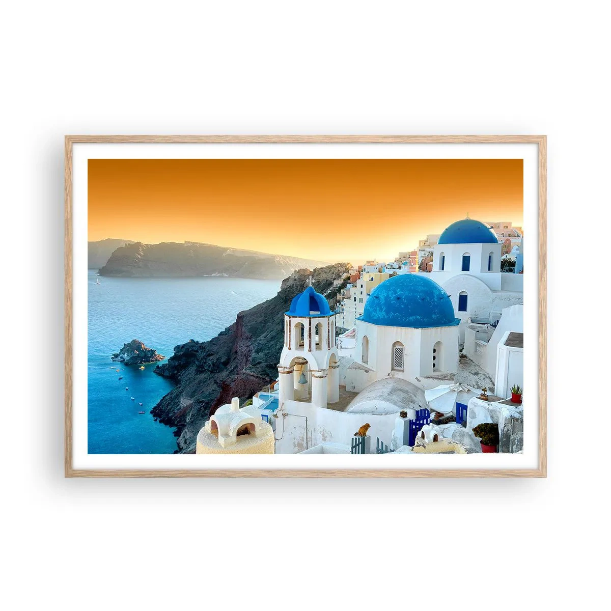 Póster en marco roble claro - Santorini - el abrazo a las rocas - 100x70 cm
