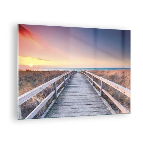 Cuadro sobre vidrio - Impresiones sobre Vidrio - Muelle de madera que conduce a la playa al atardecer - 70x50cm - Aurora vespertina del Báltico - Decoración de pared moderna para salón y dormitorio ARTTOR