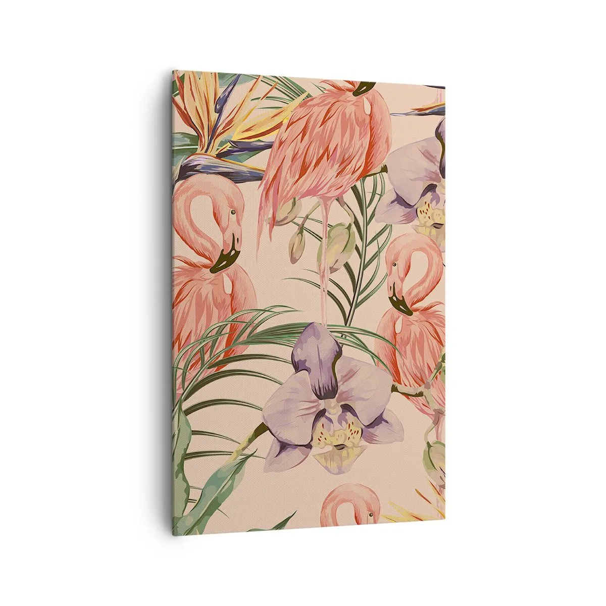 Cuadro sobre lienzo - Impresión de Imagen - Flamencos y flores tropicales sobre un fondo claro. - 80x120cm - Un ballet rosa en flores - Decoración de pared moderna para salón y dormitorio ARTTOR