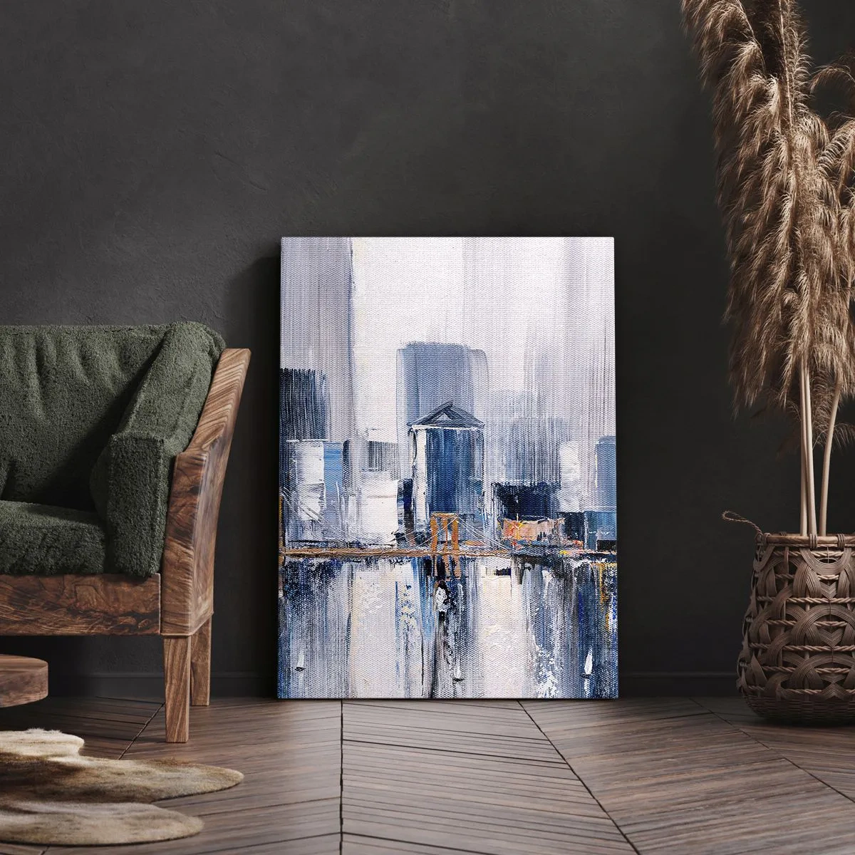 Cuadro sobre lienzo - Impresión de Imagen - Panorama abstracto de la ciudad con tonos de azul y amarillo - 50x70cm - Impresión neoyorquina - Decoración de pared moderna para salón y dormitorio ARTTOR