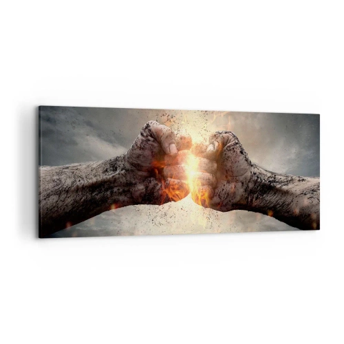 Cuadro sobre lienzo - Impresión de Imagen - Puños cerrados en una escena de incendio dinámica - 120x50cm - La lucha comienza - Decoración de pared moderna para salón y dormitorio ARTTOR