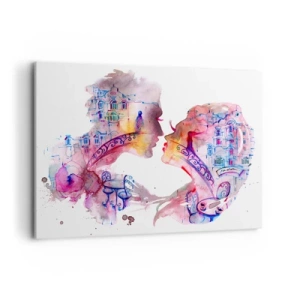 Cuadro sobre lienzo - Impresión de Imagen - Una acuarela romántica que representa las siluetas de los amantes. - 100x70cm - Un puente secreto de suspiros - Decoración de pared moderna para salón y dormitorio ARTTOR