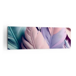 Cuadro sobre lienzo - Impresión de Imagen - Plumas de colores en tonos pastel sobre un fondo claro. - 160x50cm - Pájaro chic - Decoración de pared moderna para salón y dormitorio ARTTOR