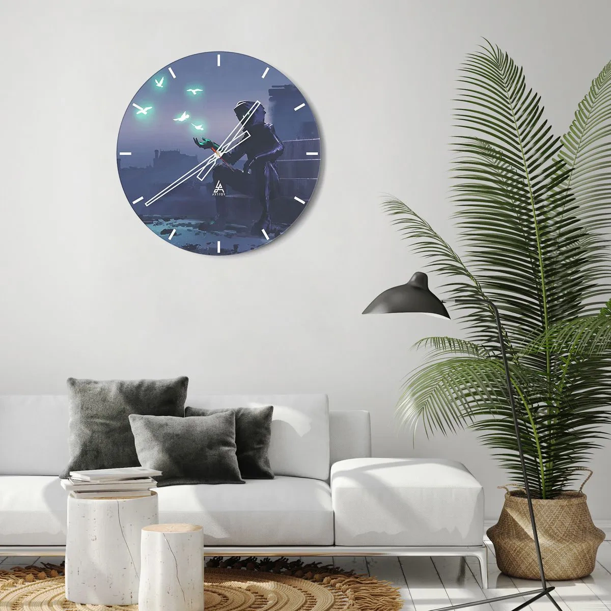 Reloj de pared - Reloj de vidrio - Una figura en la oscuridad con pájaros de neón en el fondo. - 30x30cm - La vida volverá - Decoración de pared moderna para salón, cocina y dormitorio ARTTOR