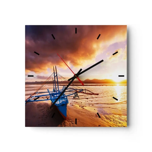 Reloj de pared - Reloj de vidrio - Barco azul en la playa al atardecer - 30x30cm - Después de un largo día, relájate en la arena - Decoración de pared moderna para salón y dormitorio ARTTOR