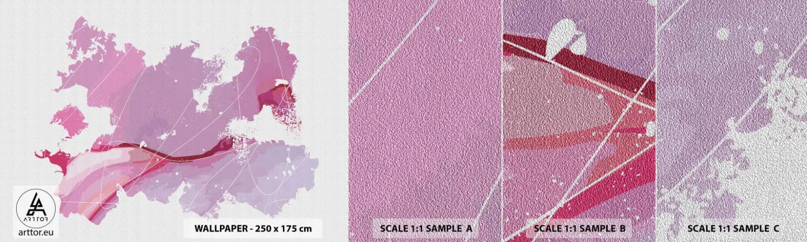 Muestra de fotomural Premium Sand - Mapa de un mundo rosa - Minimalismo, Pastel, Mapa - 100x30 cm