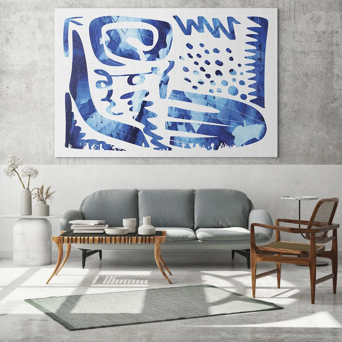 Cuadro sobre vidrio - Impresiones sobre Vidrio - Abstracción azul dinámica con formas geométricas. - 70x50cm - Vuelta a las raíces - Decoración de pared moderna para salón y dormitorio ARTTOR