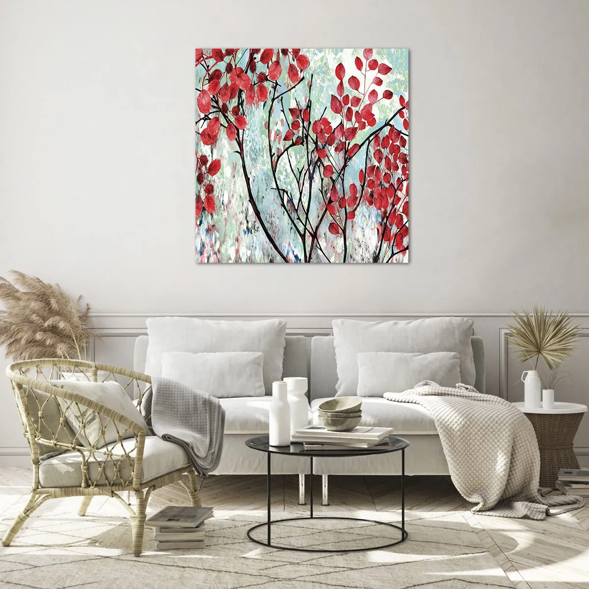 Cuadro sobre vidrio - Impresiones sobre Vidrio - Un árbol en escarlata - 30x30 cm