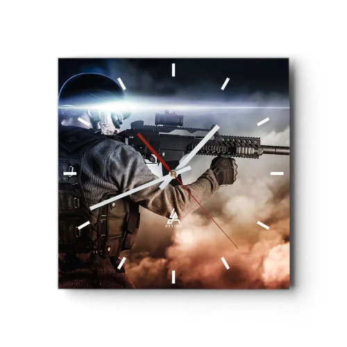 Reloj de pared - Reloj de vidrio - Un soldado en acción con un rifle contra un fondo de nubes y luz. - 30x30cm - Luchador - Decoración de pared moderna para salón y dormitorio ARTTOR