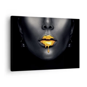 Cuadro sobre lienzo - Impresión de Imagen - Retrato en negro y dorado de una mujer con una gota de oro en los labios. - 70x50cm - Labios de oro - Decoración de pared moderna para salón y dormitorio ARTTOR