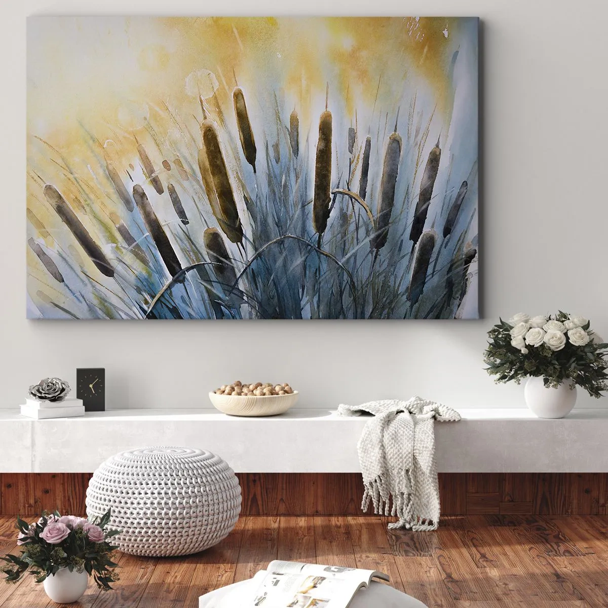 Cuadro sobre lienzo - Impresión de Imagen - Cañas pintorescas bajo los rayos del sol - 100x70cm - El frío del agua, el calor del sol - Decoración de pared moderna para salón y dormitorio ARTTOR