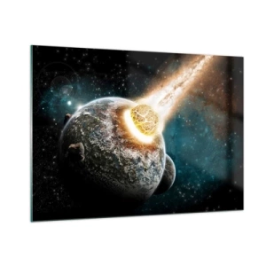 Cuadro sobre vidrio - Impresiones sobre Vidrio - Un planeta colisionando con un meteorito - 100x70cm - ¿Condena o nacimiento? - Decoración de pared moderna para salón y dormitorio ARTTOR