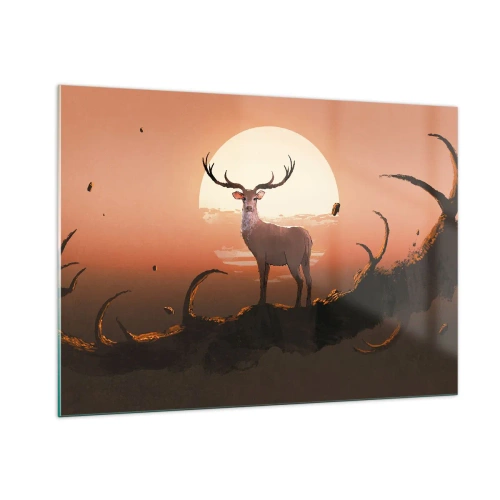 Cuadro sobre vidrio - Impresiones sobre Vidrio - Silueta de un ciervo con una gran luna rodeada de ramas como telón de fondo. - 100x70cm - Esta noche es diferente a cualquier otra - Decoración de pared moderna para salón y dormitorio ARTTOR