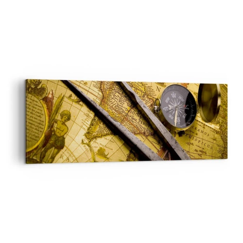 Cuadro sobre lienzo - Impresión de Imagen - Un mapa del mundo antiguo con una brújula y un par de brújulas en el fondo. - 140x50cm - ¿Dónde están los tesoros? - Decoración de pared moderna para salón y dormitorio ARTTOR