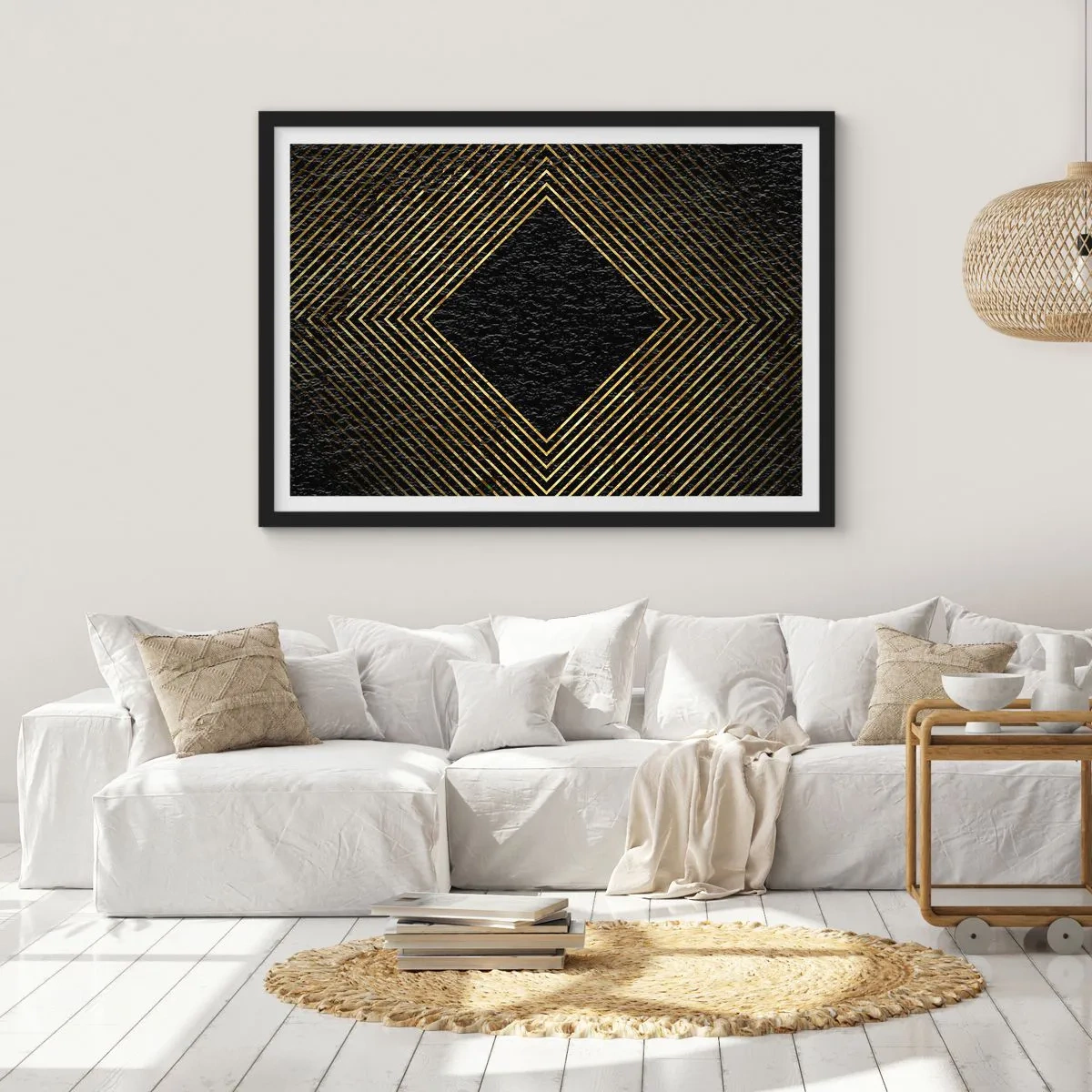 Póster en marco negro - Fondo negro con un patrón geométrico de líneas doradas. - 70x50cm - Geometría al estilo glamour - Decoración de pared moderna para salón y dormitorio ARTTOR