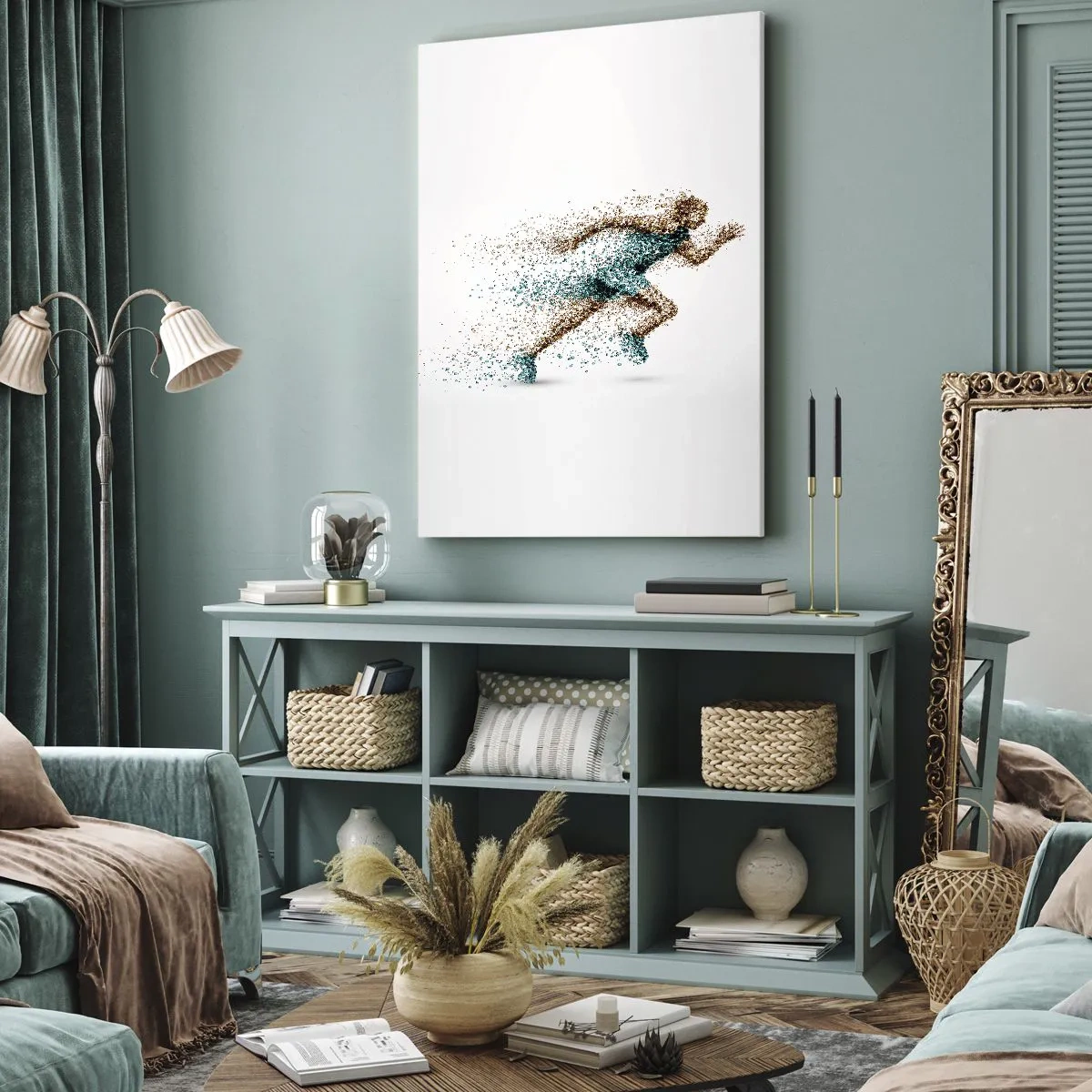 Cuadro sobre lienzo - Impresión de Imagen - Una figura de corredor dinámica compuesta de pequeñas partículas. - 80x120cm - La vida es una carrera - Decoración de pared moderna para salón y dormitorio ARTTOR