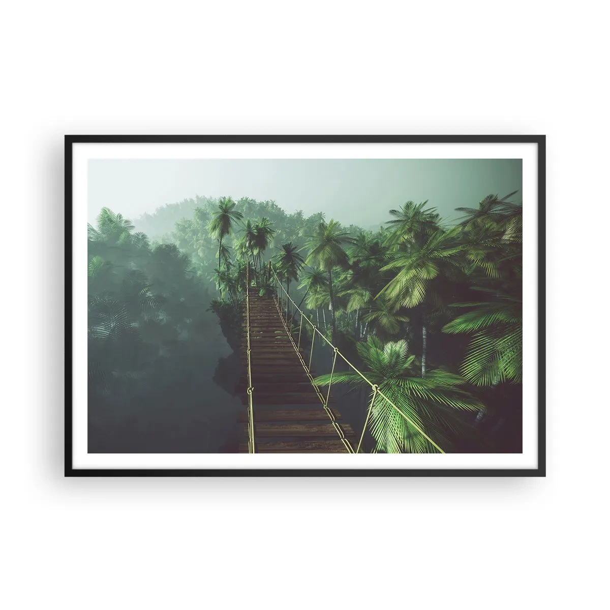 Póster en marco negro - Un puente colgante en un bosque tropical rodeado de niebla. - 100x70cm - Sobre un mar de verde - Decoración de pared moderna para salón y dormitorio ARTTOR