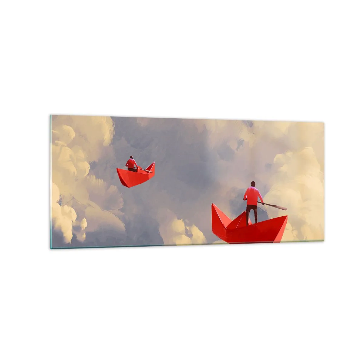 Cuadro sobre vidrio - Impresiones sobre Vidrio - Barquitos de papel rojos flotando en las nubes - 120x50cm - El viaje de un soñador - Decoración de pared moderna para salón y dormitorio ARTTOR