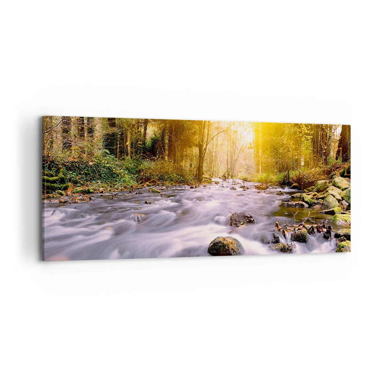 Cuadro sobre lienzo - Impresión de Imagen - Un arroyo forestal iluminado por los rayos del sol. - 120x50cm - Malaquita en un marco de plata y oro - Decoración de pared moderna para salón y dormitorio ARTTOR