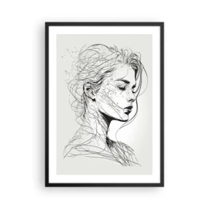 Póster en marco negro - Un boceto de una mujer con cabello suelto, creado en un estilo minimalista. - 50x70cm - Retrato de ensueño - Decoración de pared moderna para salón y dormitorio ARTTOR