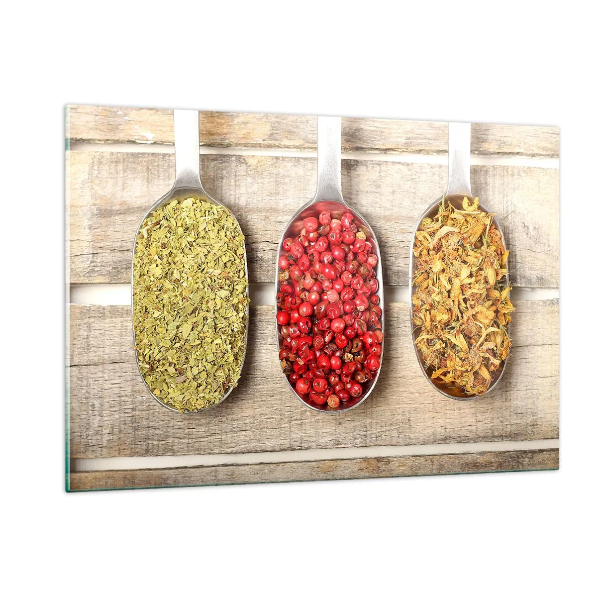 Cuadro sobre vidrio - Impresiones sobre Vidrio - Tres cucharas con especias sobre un fondo de madera rústica. - 120x80cm - La magia de la cocina - Decoración de pared moderna para salón y dormitorio ARTTOR