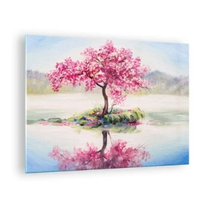 Cuadro sobre vidrio - Impresiones sobre Vidrio - Un árbol rosa en una isla reflejado en el agua tranquila. - 70x50cm - Una celebración de la primavera - Decoración de pared moderna para salón y dormitorio ARTTOR