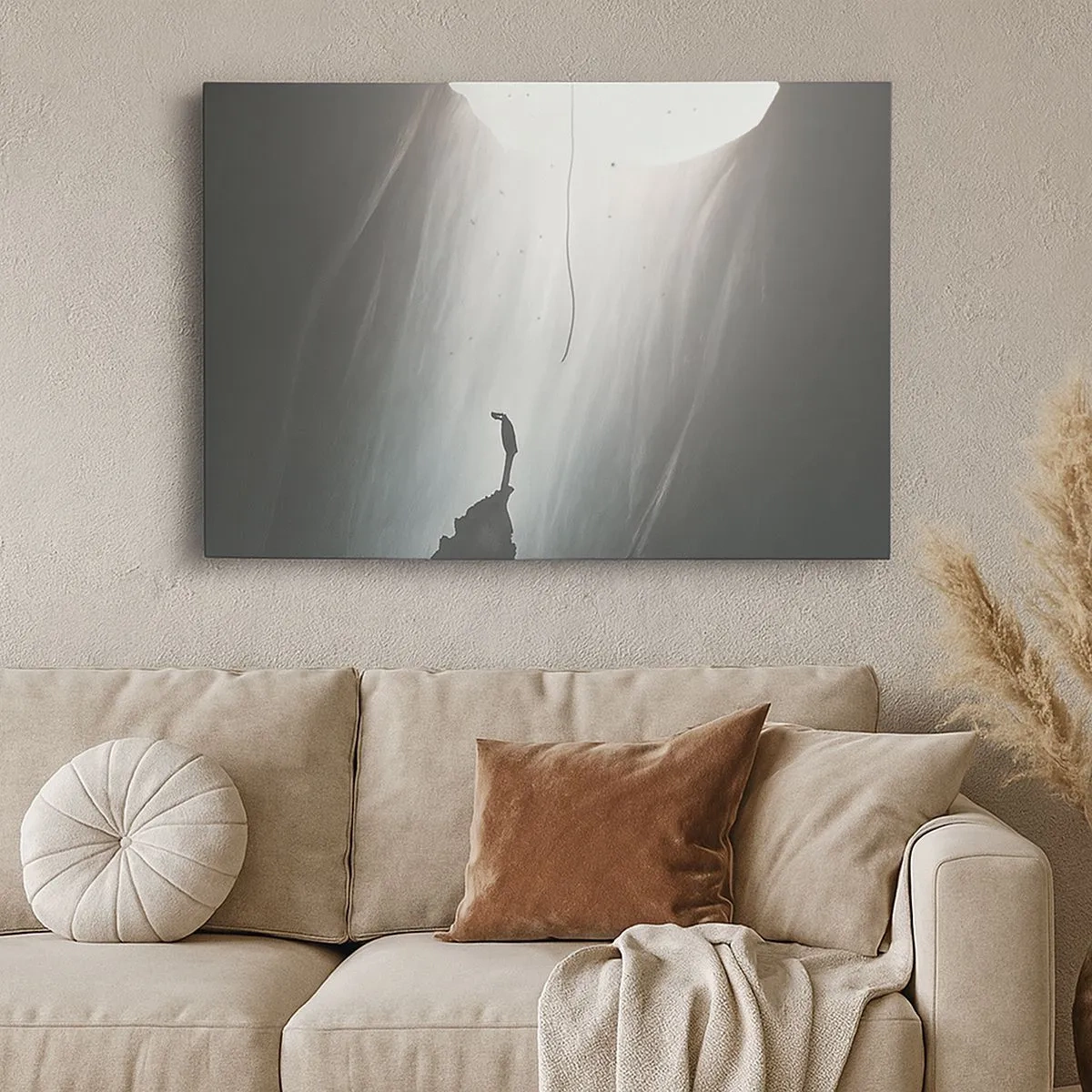 Cuadro sobre lienzo - Impresión de Imagen - Silueta de un hombre en el suelo de una cueva con vistas a la luz. - 70x50cm - Siempre hay una salida - Decoración de pared moderna para salón y dormitorio ARTTOR