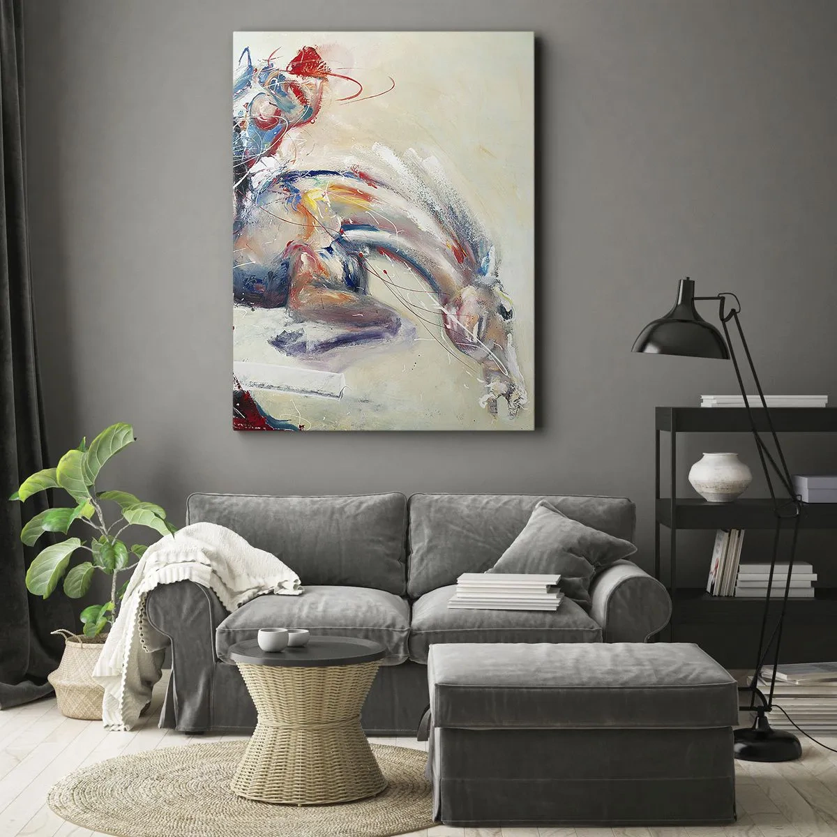Cuadro sobre lienzo - Impresión de Imagen - Una imagen dinámica de un caballo en un estilo artístico abstracto. - 50x70cm - Sujétate y vamos - Decoración de pared moderna para salón y dormitorio ARTTOR