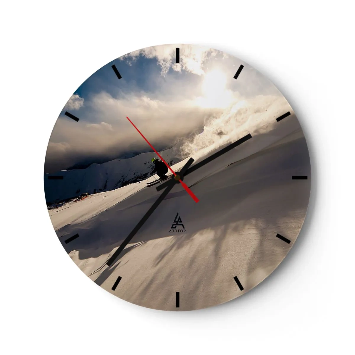 Reloj de pared - Reloj de vidrio - Un esquiador en una pendiente nevada bajo el sol. - 30x30cm - Reto de montaña asumido - Decoración de pared moderna para salón, cocina y dormitorio ARTTOR