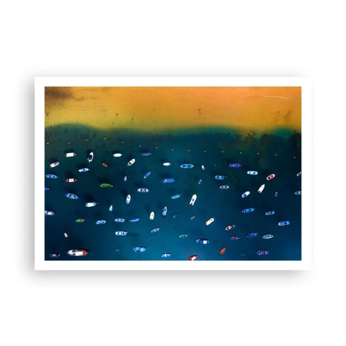 Póster - Vista aérea de barcos en el agua y una orilla arenosa. - 100x70cm - Un juego de vacaciones - Decoración de pared moderna para salón y dormitorio ARTTOR