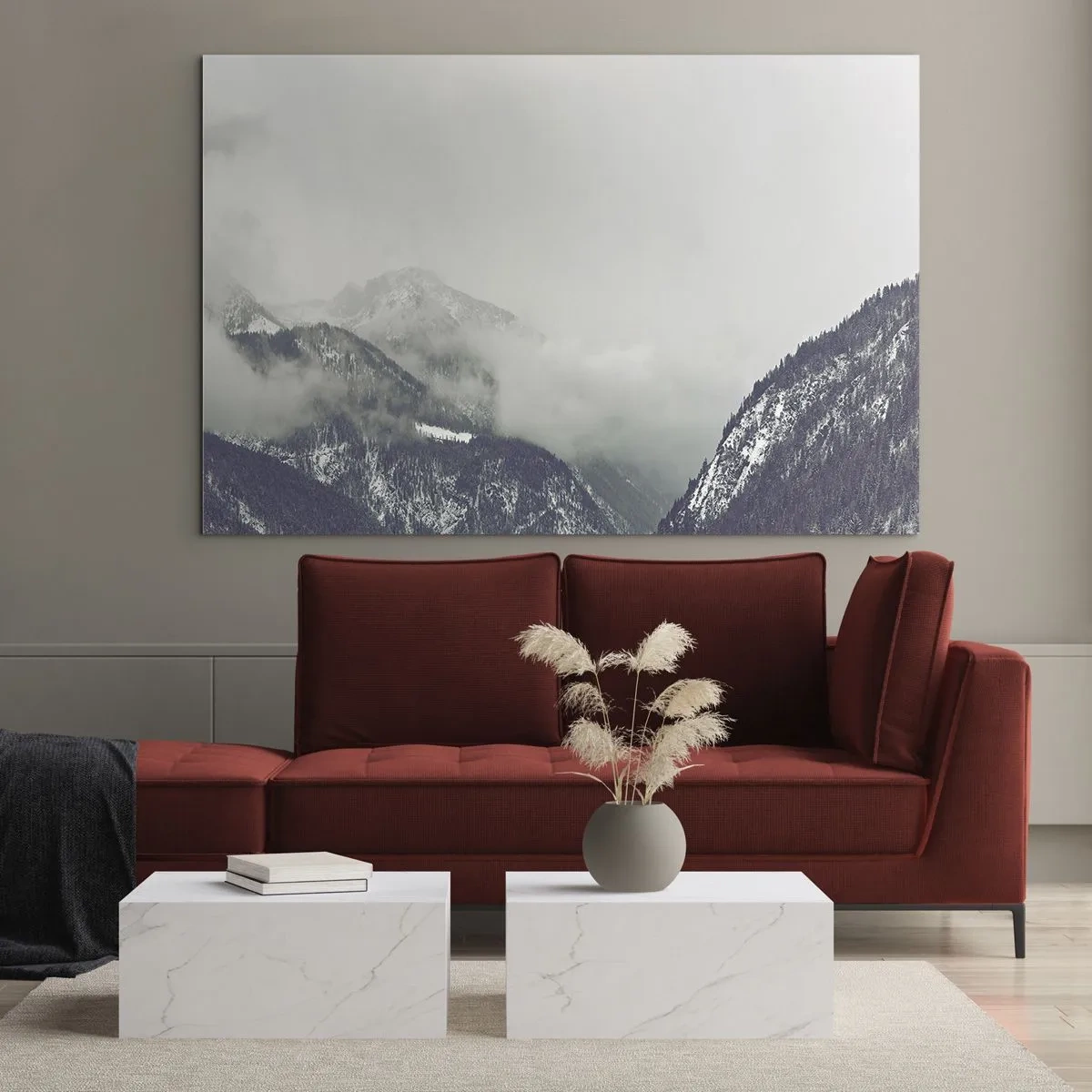 Cuadro sobre vidrio - Impresiones sobre Vidrio - Un valle de montaña en la niebla en tonos grises. - 70x50cm - Valle de la niebla - Decoración de pared moderna para salón y dormitorio ARTTOR