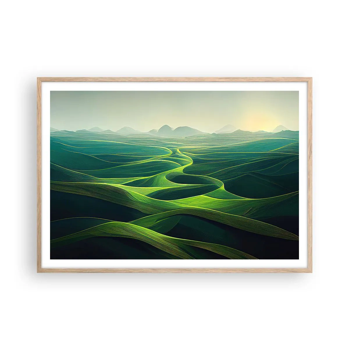 Póster en marco roble claro - Valles en tonos verdes - 100x70 cm