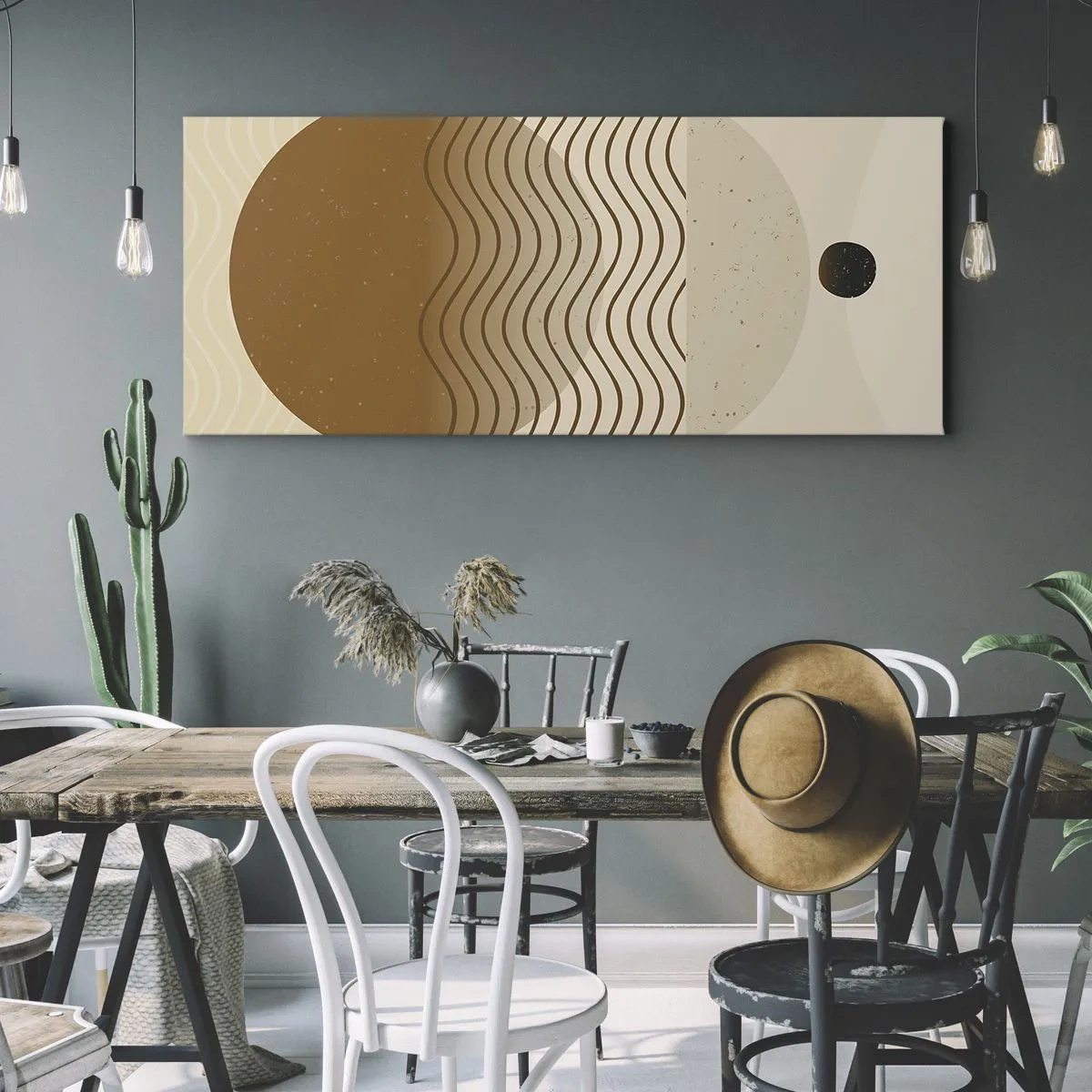 Cuadro sobre lienzo - Impresión de Imagen - Abstracción geométrica con círculos y líneas onduladas en colores cálidos. - 140x50cm - Sobre el origen de las figuras geométricas - Decoración de pared moderna para salón y dormitorio ARTTOR