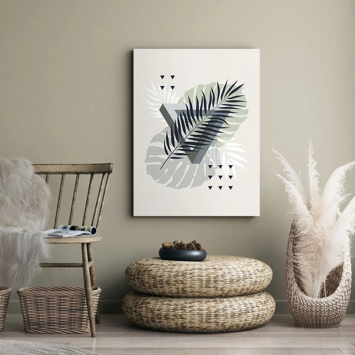 Cuadro sobre lienzo - Impresión de Imagen - Composición geométrica con hojas tropicales en tonos verdes. - 50x70cm - Naturaleza y geometría - Decoración de pared moderna para salón y dormitorio ARTTOR