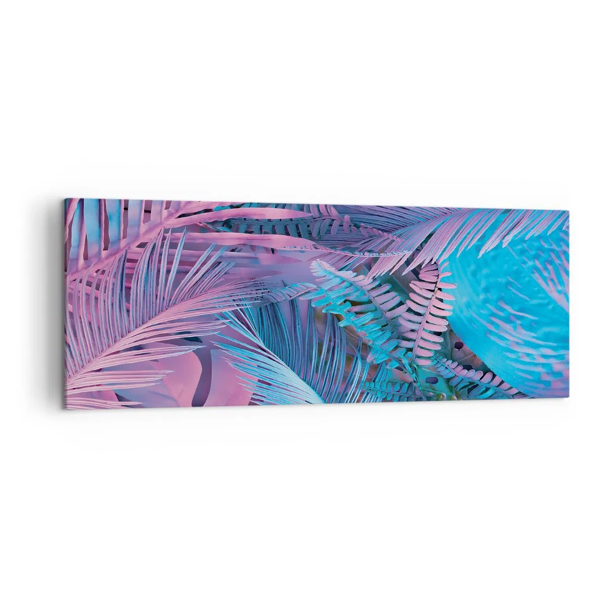 Cuadro sobre lienzo - Impresión de Imagen - Hojas tropicales en tonos rosa y azul. - 140x50cm - Trópicos en rosa y azul - Decoración de pared moderna para salón y dormitorio ARTTOR