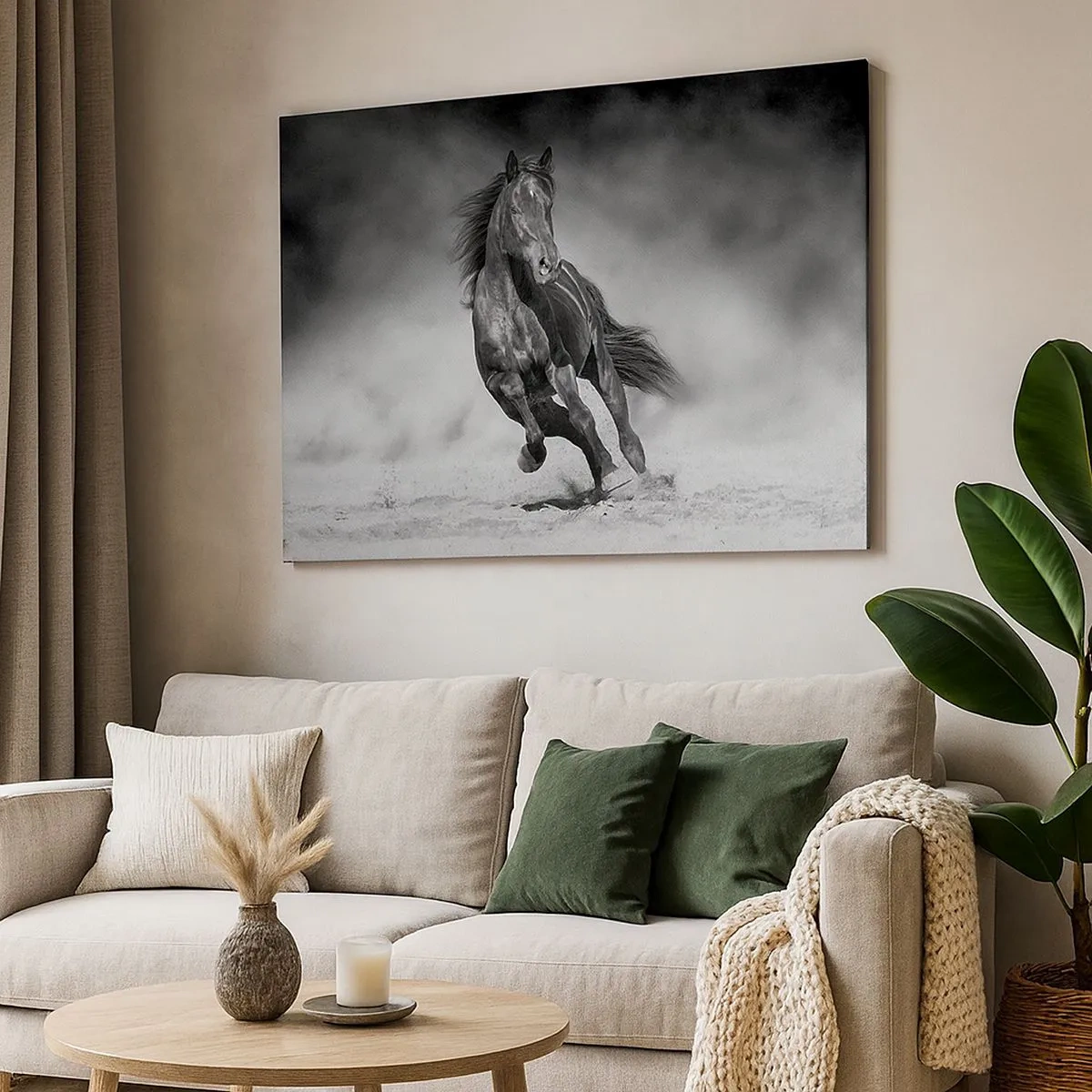 Cuadro sobre lienzo - Impresión de Imagen - Un caballo blanco y negro galopando por la arena. - 70x50cm - Digno del propio emir - Decoración de pared moderna para salón y dormitorio ARTTOR