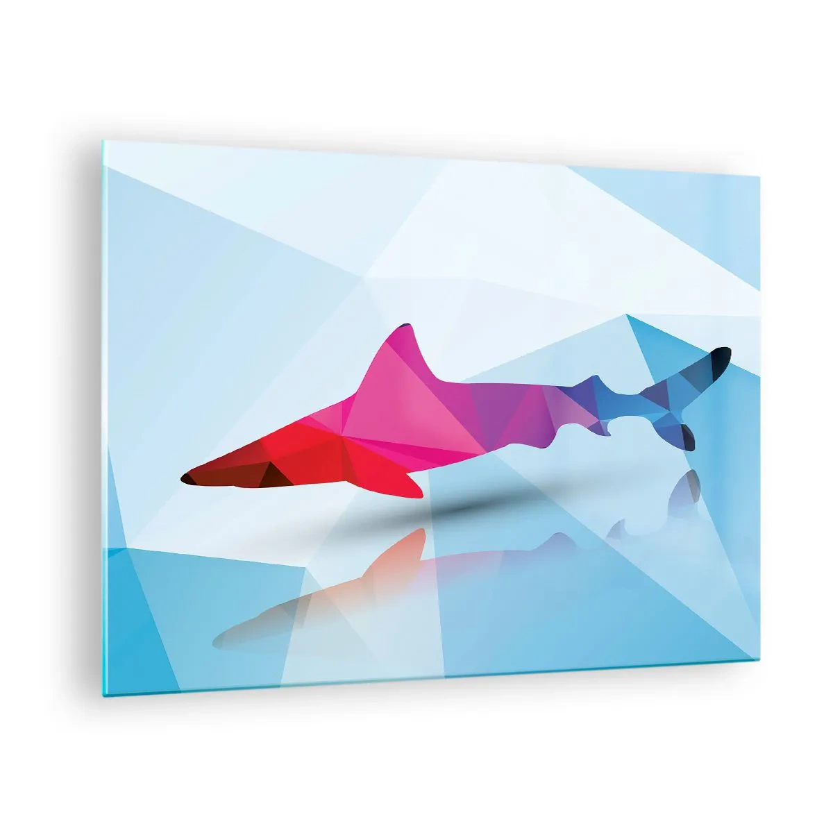 Cuadro sobre vidrio - Impresiones sobre Vidrio - Tiburón geométrico en tonos rojos y azules. - 70x50cm - Tiburón en espacio cristalino - Decoración de pared moderna para salón y dormitorio ARTTOR