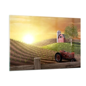 Cuadro sobre vidrio - Impresiones sobre Vidrio - Puesta de sol sobre una granja con un campo y un tractor - 120x80cm - Una granja como un cuento de hadas - Decoración de pared moderna para salón y dormitorio ARTTOR